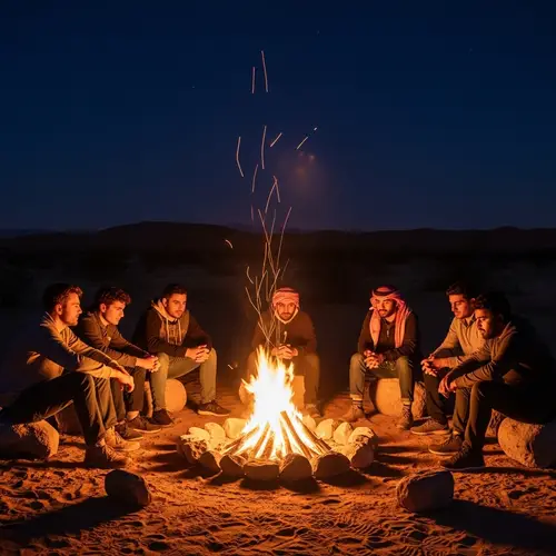 Diverse Group around Bonfire in Dark Desert