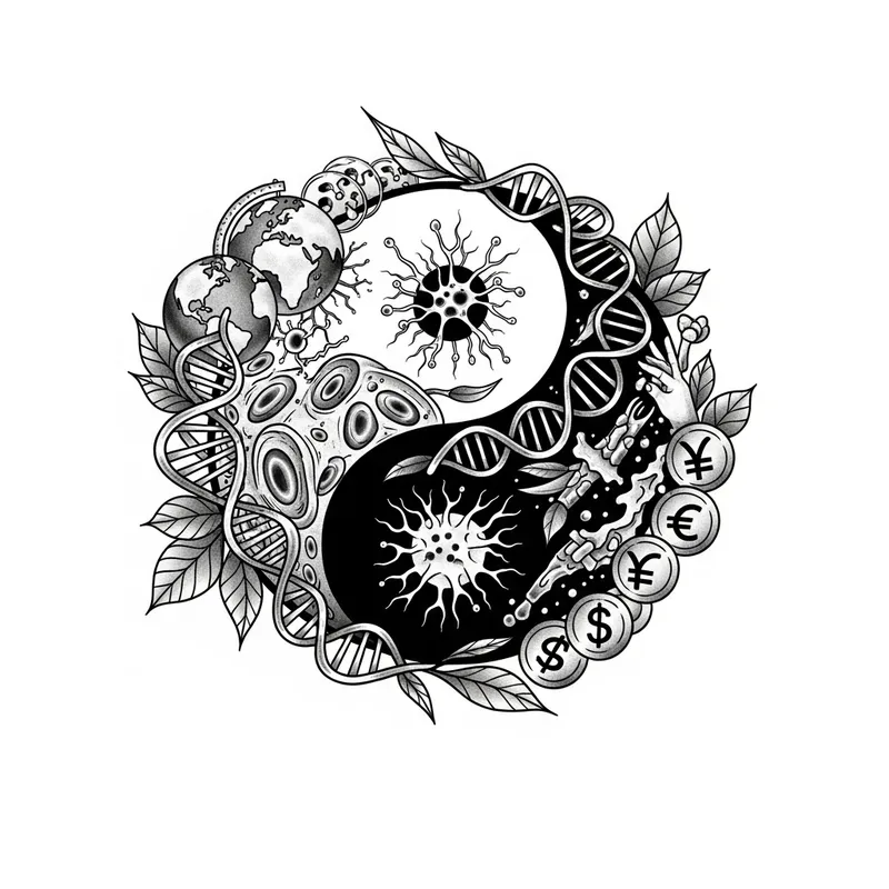 Intricate Yin-Yang Tattoo Design with Biology and International Business Elements