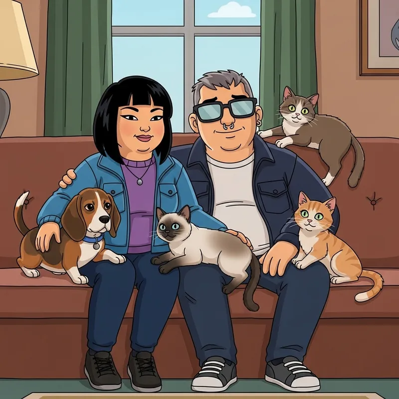 90s Animated Family Couch Scene with Pets