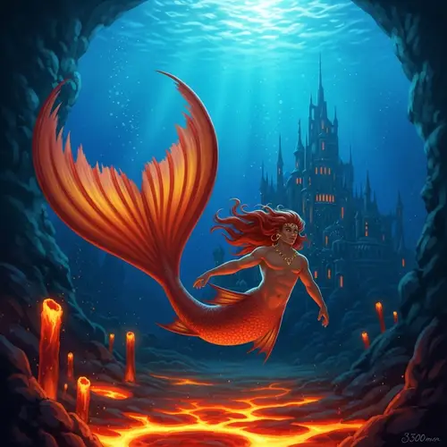 Merman with Tan Skin and Long Red Hair Living Deep Underwater