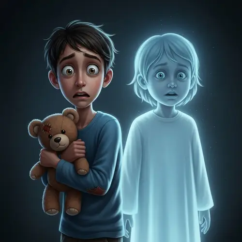 Scared 10-Year-Old Hispanic Boy with Ghostly Child | Dimly Lit Scene