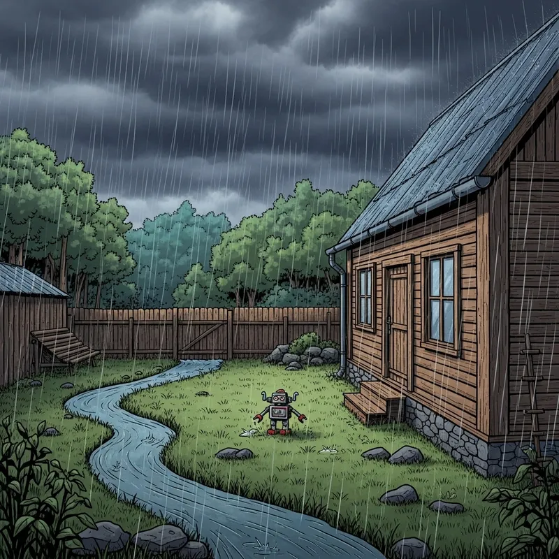 Comic Style Wooden House by Stream with Toy Robot in Rain