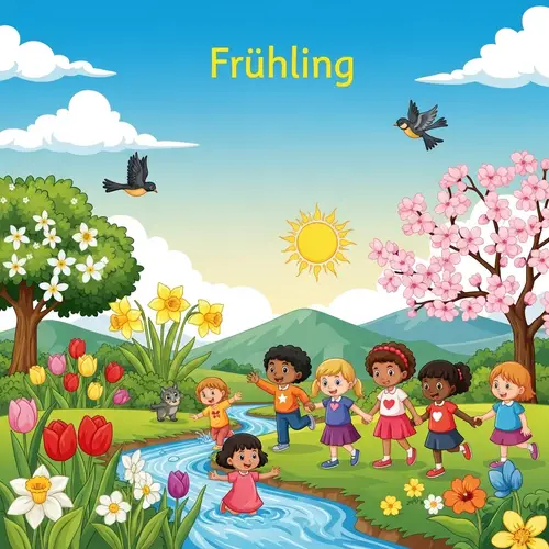 Vibrant Spring Season Illustration: Flowers, Birds, and Children