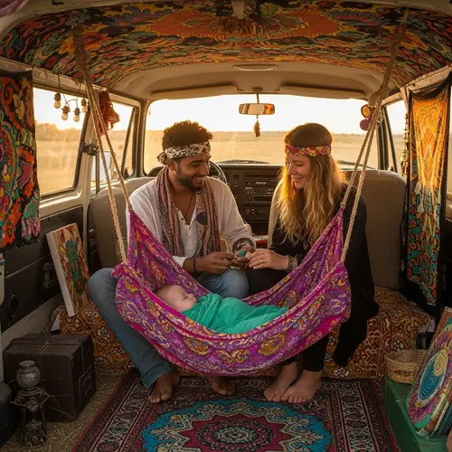 Bohemian Hippie Family Living in Colorful Van | Sunset Field Scene