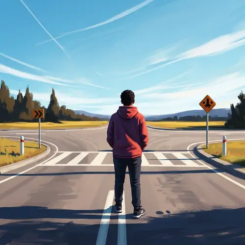 Impressionist Crossroads Painting with Contemplative Pose