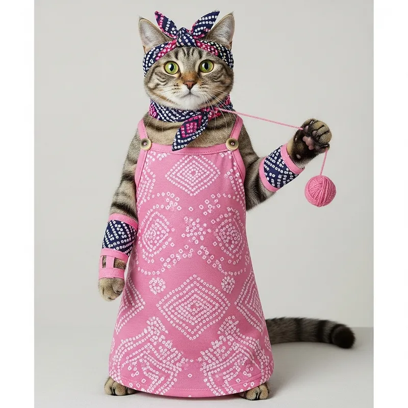 Adorable Cat in Cotton Pink Tank Top with Accessories