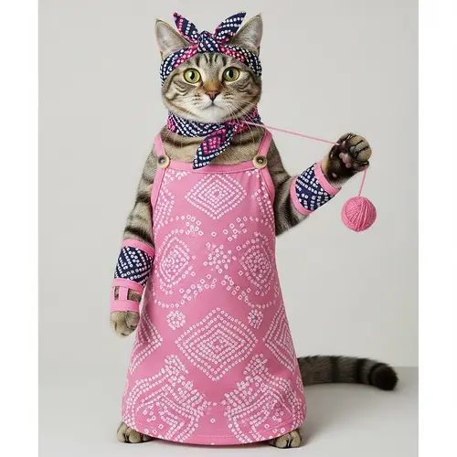 Adorable Cat in Cotton Pink Tank Top with Accessories