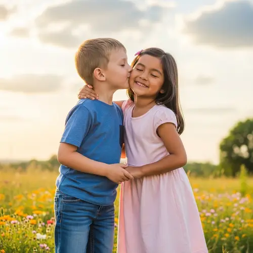 Innocent Childhood Moment: Boy Kissing Hispanic Girl Outdoors