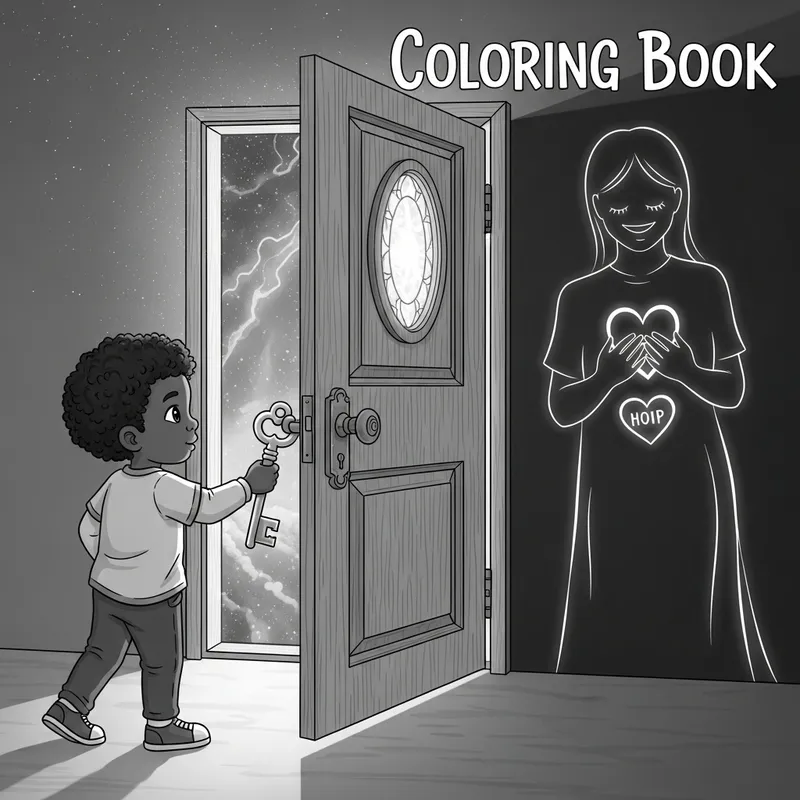 Child Unlocking Imaginary Door with Key for Connection Child Unlocking Imaginary Door with Key for Connection