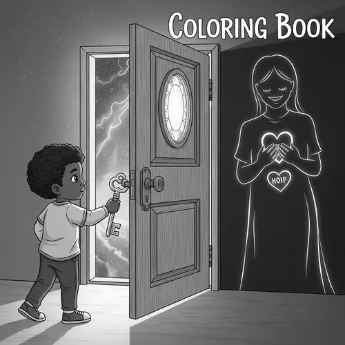 Young Child Opening Ethereal Door with Magical Key