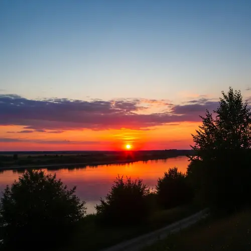 Tranquil Sunset Landscape | River, Foliage & Serene Charm
