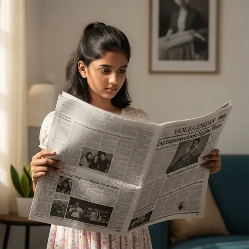 Young South Asian Girl Engrossed in Newspaper in Sunlit Room