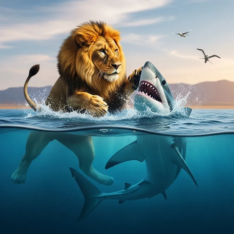 Lion vs Shark: Epic Showdown in Nature's Arena Lion vs Shark: Epic Showdown in Nature's Arena
