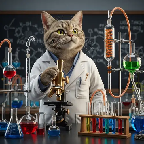 Smart Cat Scientist Among Beakers and Microscope