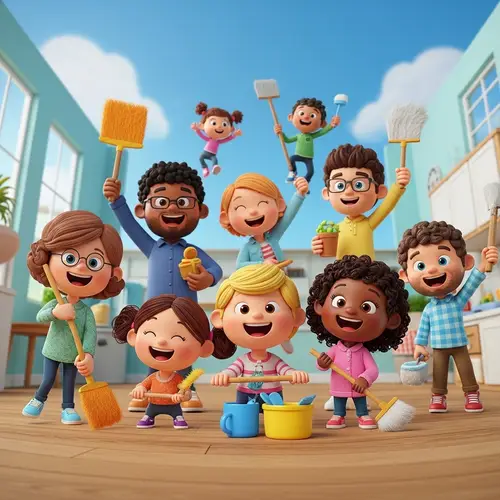 Lively Family Household Chores: Vibrant Portrait of Bond & Joy
