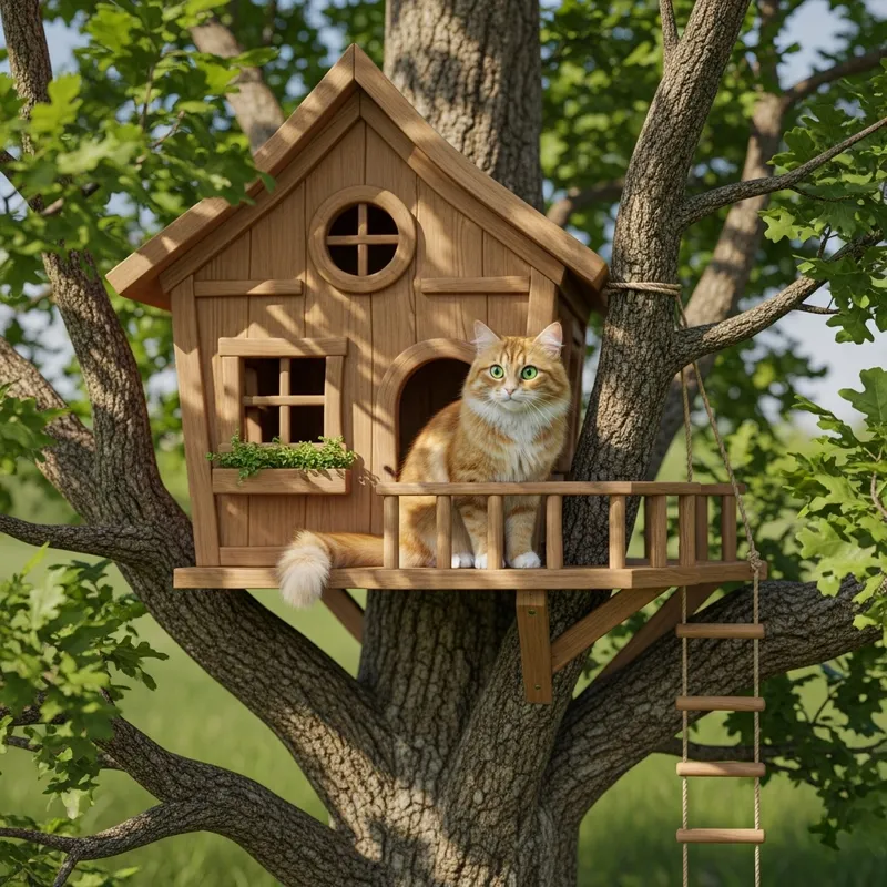 Cat in Enchanting Treehouse - Embracing Nature's Charm Cat in Enchanting Treehouse - Embracing Nature's Charm