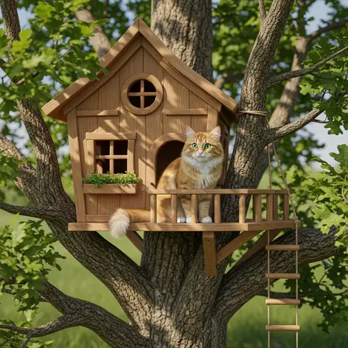 Fluffy Orange Tabby Cat in Enchanting Treehouse
