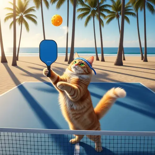 Fluffy Orange Cat Playing Pickleball on Sunny Beach