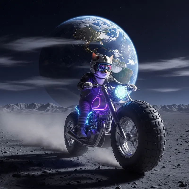 Cat Riding Motorcycle on Moon | Lunar Adventure