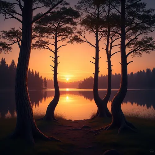 Surreal Sunset by Serene Lake | Twisted Trees & Vibrant Hues