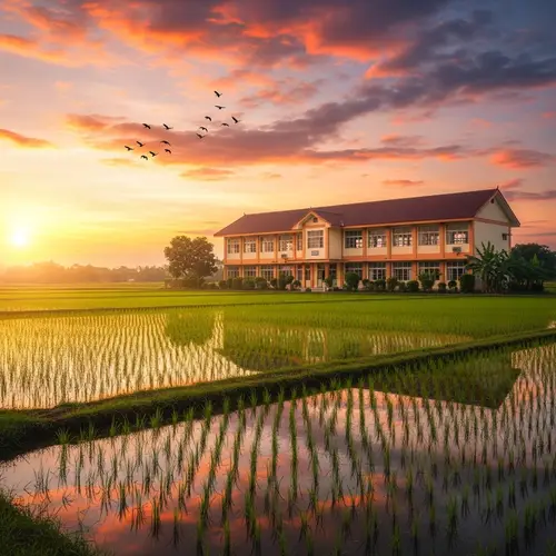 Tranquil Rural Scene with Traditional School Building in Lush Rice Field