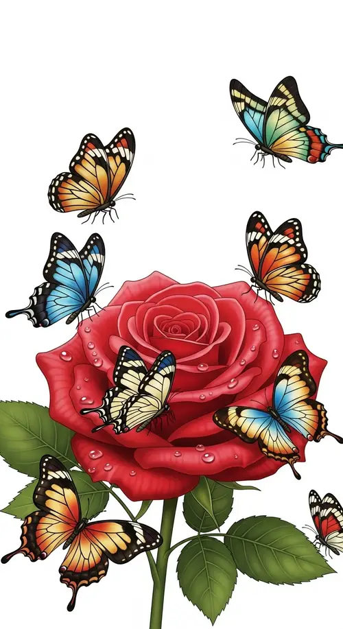 Intricately Detailed Illustration of Red Rose with butterflies