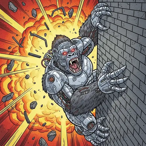 Giant Robot Gorilla Climbing Wall with Explosions - Comic Style Art