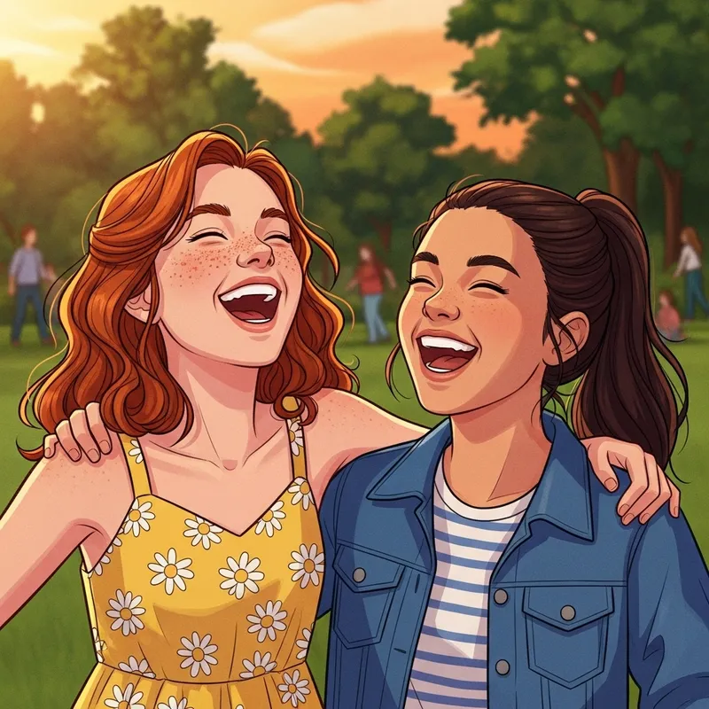 Red Head Best Friends Laughing Drawing | Youthful Friendship Art