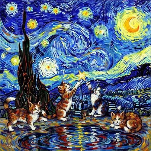 Playful Kittens Under Star-Filled Night Sky | Artistic Paintings