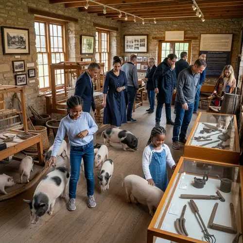 Charming Village Museum with Diverse People and Mini Pigs