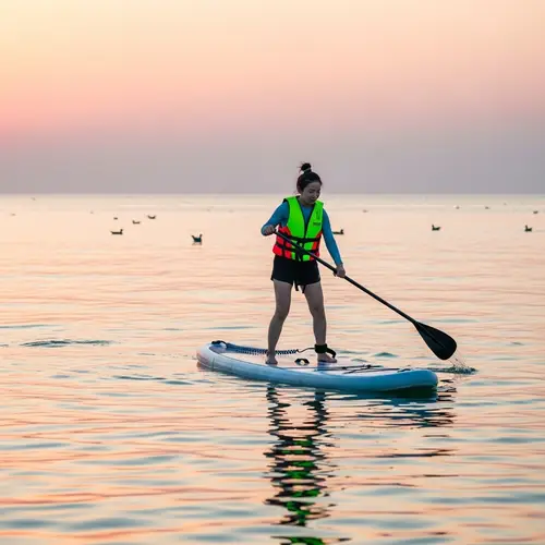 Tranquil Sunset Paddleboarding: Serene Moment of Balance and Grace