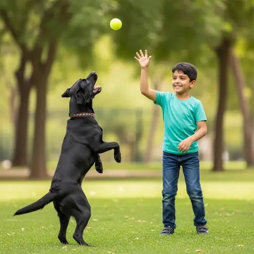 Playful Labrador Retriever Fetch Game in Green Park with Boy
