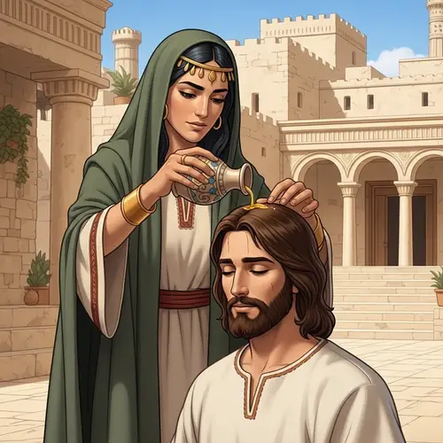 Biblical Illustration: Woman Anoints Jesus in Ancient Israel Setting