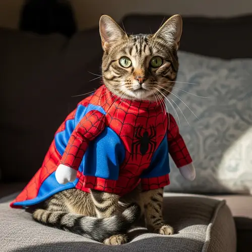 Adorable Tabby Cat in Custom Superhero Costume | Living Room Scene