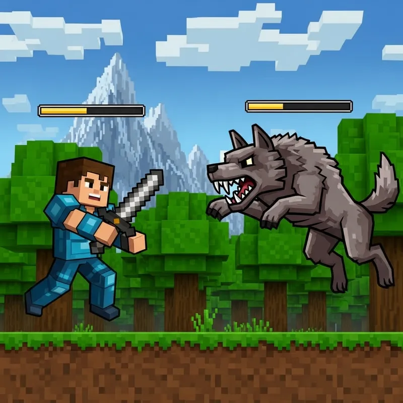 Minecraft Steve Battles a Pixelated Wolf Creature
