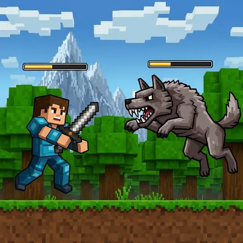 Minecraft Steve Battles a Pixelated Wolf Creature