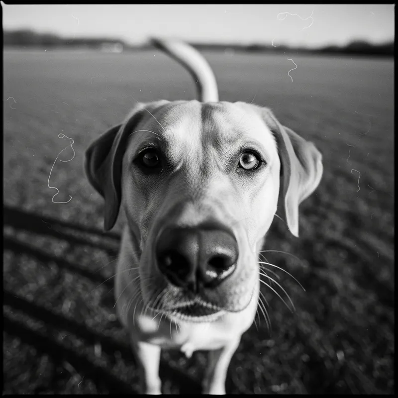 Expressive Black and White Dog with Wagging Tail
