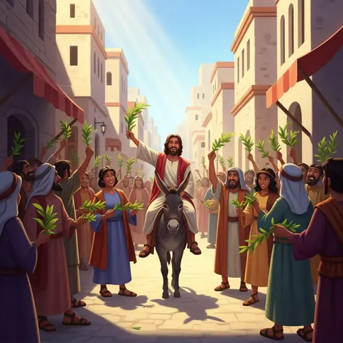 Biblical Scene: Jesus' Triumphal Entry into Vibrant Cityscape
