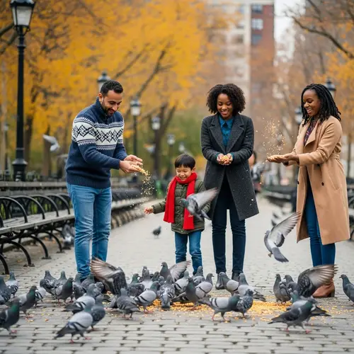 Urban Park Scene in Autumn: Feeding Pigeons with Diverse Group