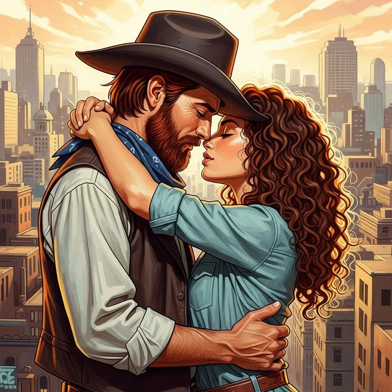 Captivating Love Story: Rugged Cowboy & Auburn Beauty in Surreal Cityscape