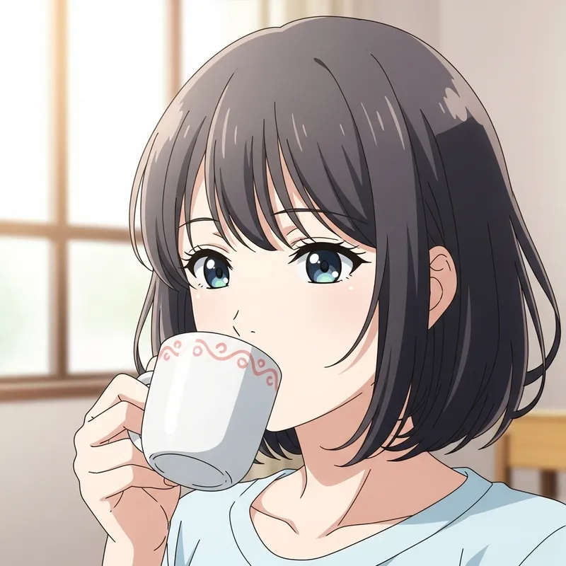 Anime-Style Illustration of Woman Drinking Coffee in Light Colours Anime-Style Illustration of Woman Drinking Coffee in Light Colours