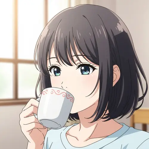 Anime-Style Illustration of Young Woman Sipping Coffee