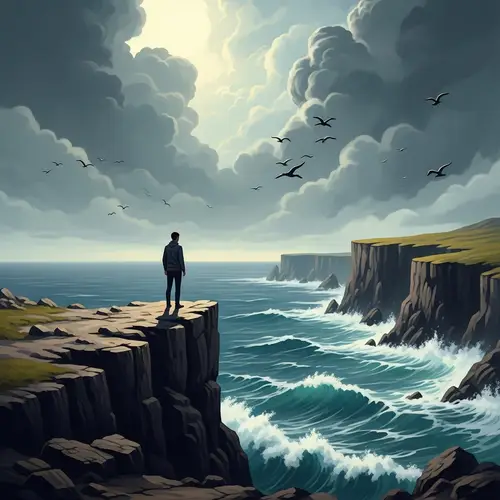 Surreal Reflection on Cliff Edge Facing Tumultuous Ocean