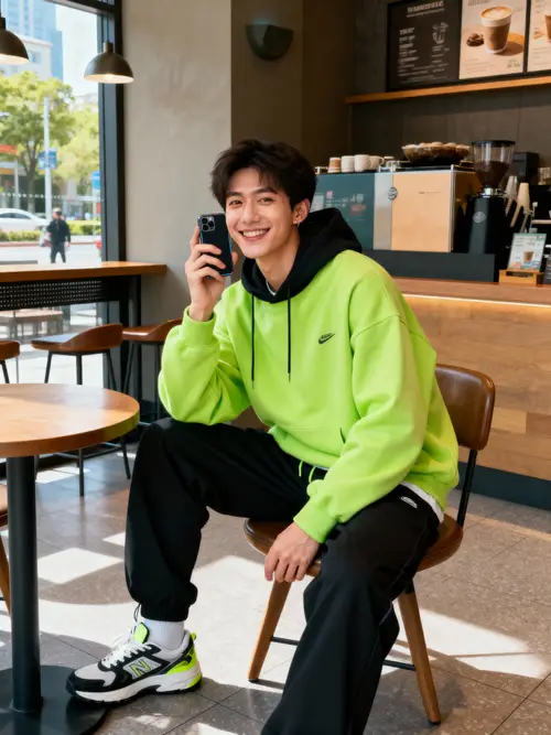 Trendy Streetwear Influencer in Urban Coffee Shop