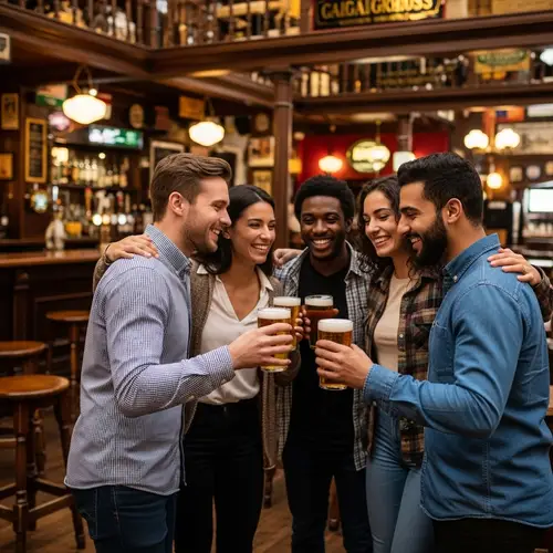 Joyful Friends Embracing with Beers in Vibrant Irish Pub