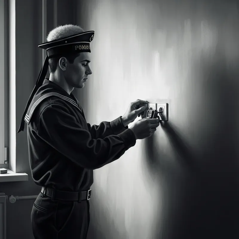 Vintage Russian Sailor Electrician Installs Switches in Modern Apartment