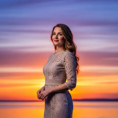 Elegant Woman in Vintage Dress at Sunset | Mis Avid Shooshani
