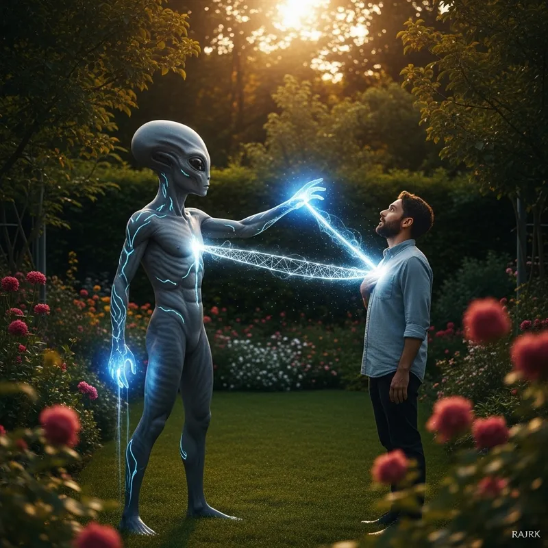Cosmic Transfer: Alien Transmitting Space Energy to Human Direct Heart in Garden