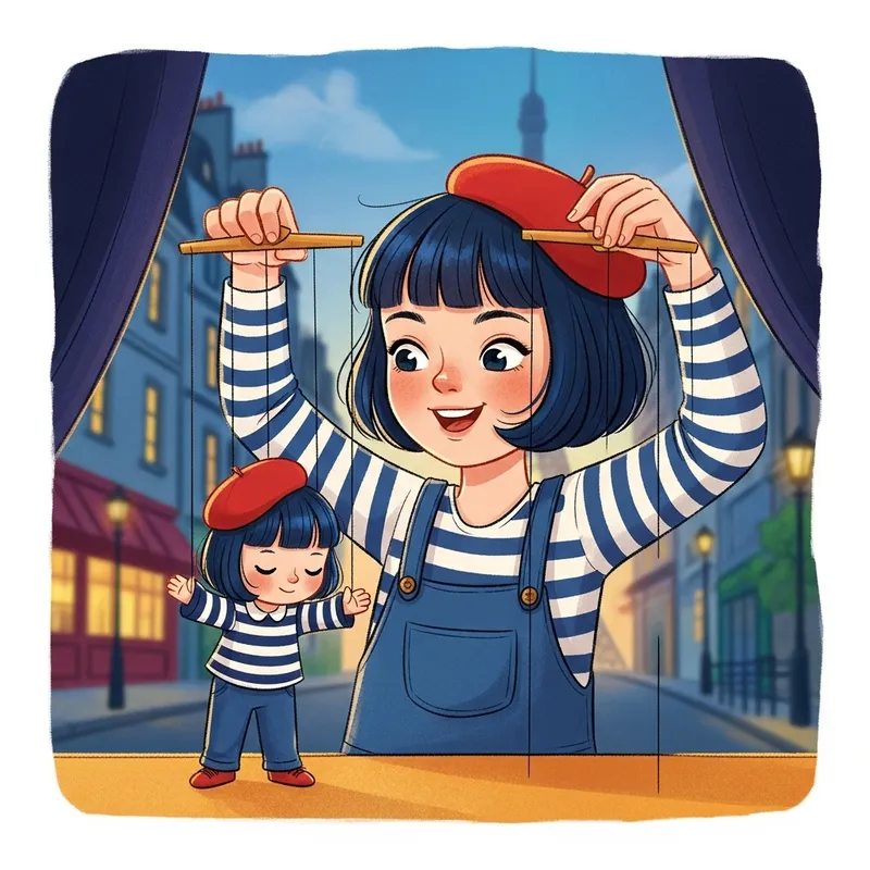 French Girl Puppet Show in Dark Blue Setting French Girl Puppet Show in Dark Blue Setting