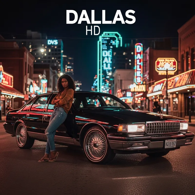 Beautiful African American Woman Leaning on Gloss Black 1990 Chevy Caprice in Dallas Nightscape